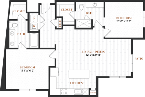 Floor plan for 2 beds, 2 baths, 1375 sqft